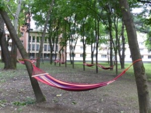 Timisoara Student Hammocks: Timisoara is a university town. There is a park in the Students Complex where hammocks hang between trees. These are for students to sleep in on warm nights. Police patrol the park regularly to insure safety and students talk to the wee hours of the morning and then fall asleep in the hammocks. Amazing!